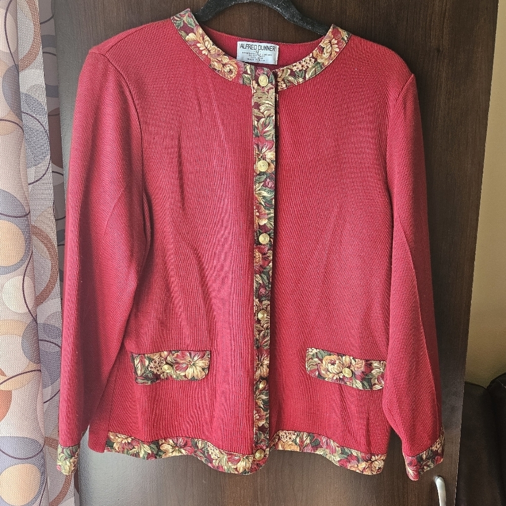 Alfred Dunner Red Floral Trim Women's Button Up Cardigan Size 12